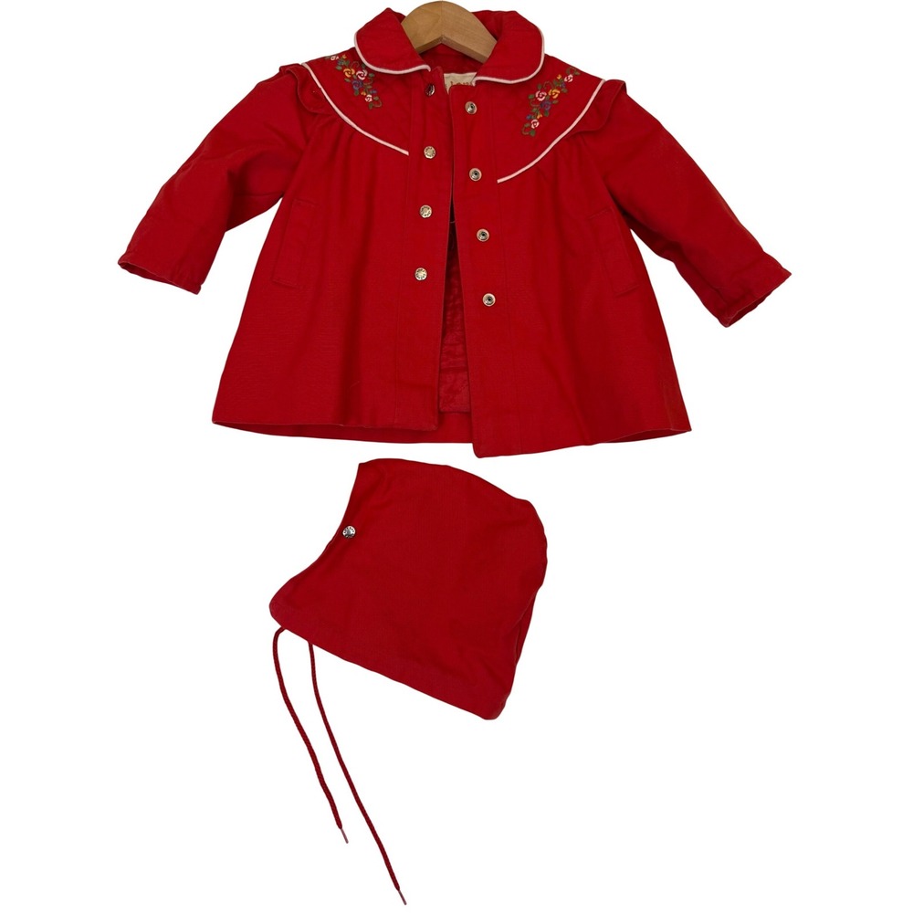Vtg LONDON FOG Red Quilted Coat Jacket Floral Embroidery Detachable Hood Size 2 - Picture 11 of 14